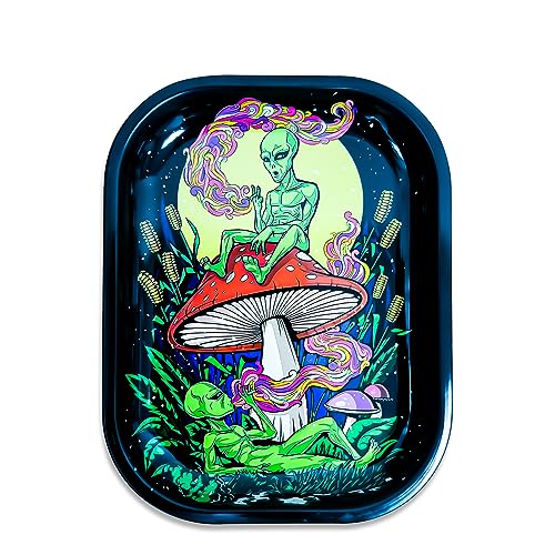 Mini Rolling Tray - 7x5.5 Inch with Mushroom and Alien Design, Metal Cigarette Rolling Tray (Black)