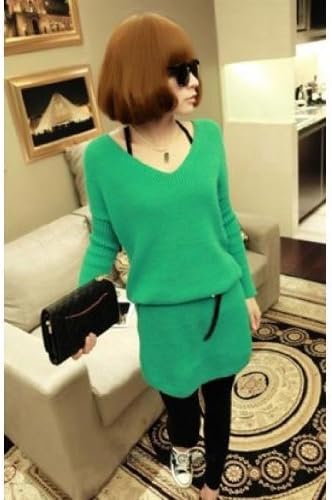 Amazon Co Jp シンプル可愛い ニットワンピース Vネック チュニック インナー ワンピ グリーン ゆったり セーター カーデ カーディガン 海外セレブ風でおしゃれ ブロガー風 大人きちんと可愛い デート 女子会 パーディー 二次会 可愛い 韓流 コーディネート 着こなし