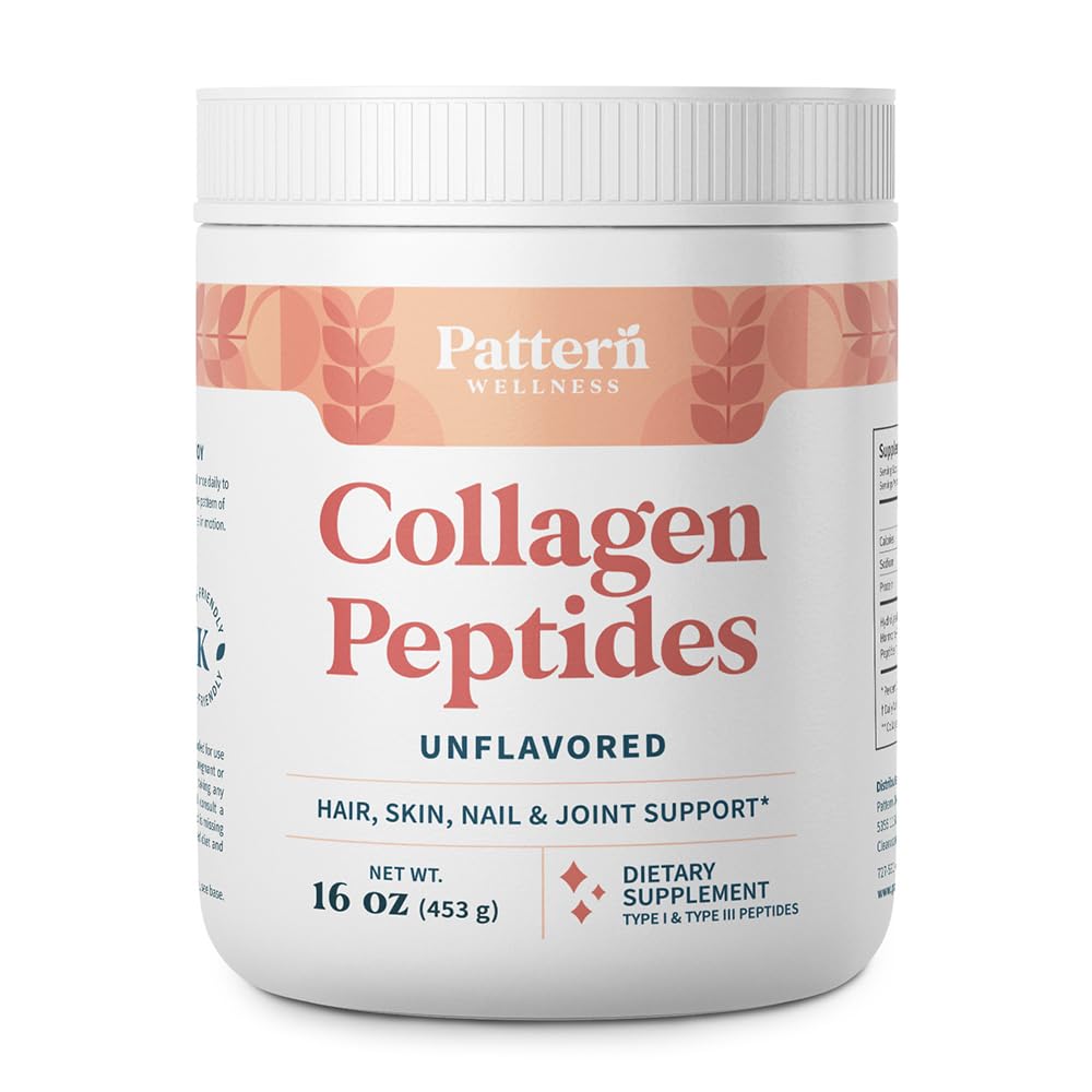 Pattern Wellness Collagen Peptides Powder (Type I & III) - Hair, Nails, Skin & Joint Support - Grass Fed & Pasture-Raised - Hydrolyzed, Non-GMO, Dairy Free, & Keto-Friendly - Unflavored (16 Oz)