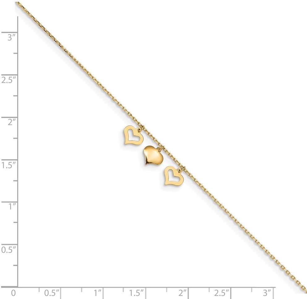Roy Rose Jewelry 14K Yellow Gold 3 Hearts w/1 inch Extension Anklet ~ Length 10'' inches