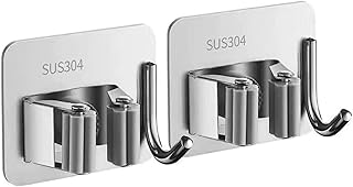 モップホルダー 2個セット【穴開け不要&フック付き】ステンレス製 防水 ほうきホルダー 高耐久性 強粘着力 モップクリップ 壁掛け 収納 省スペース ほうきオーガナイザー ランドリールーム ホーム ガーデン ガレージ 収納 整理ラック 玄関用 (シルバー)