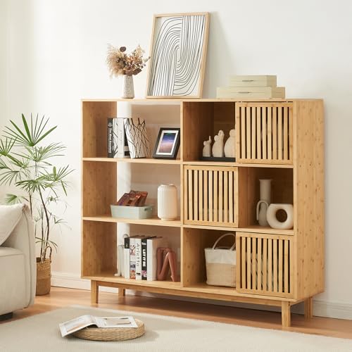 [en.casa] Bibliothèque Style Scandinave avec 3 Portes Coulissantes 9 Compartiments de Rangement...