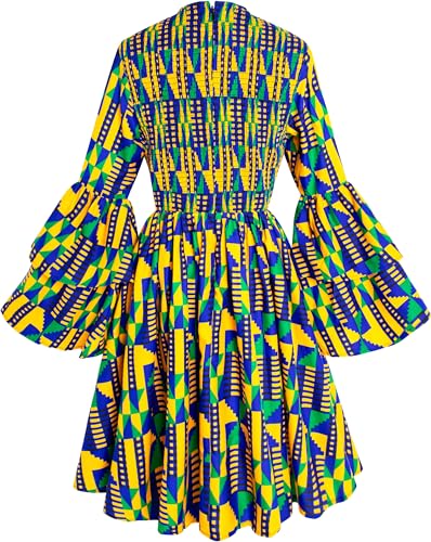 Image of Women's African Ruffle Long Sleeve Dress Ankara Print Maxi Dresses