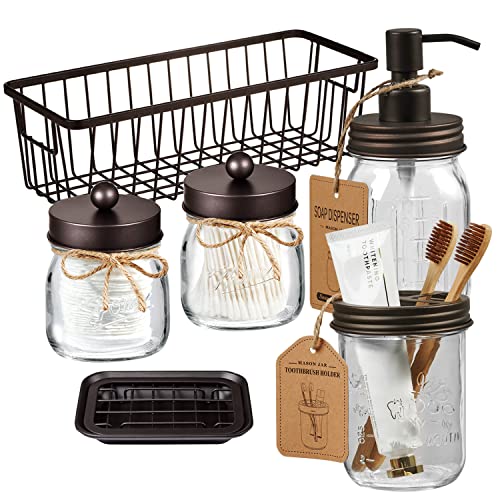 SheeChung 6Pcs Mason Jars Bathroom Accessories Set Complete – Toothbrush Holder, Lotion Soap Dispenser, 2 Mason Jars, Soap Dish, Toilet Paper Basket, Rustic Farmhouse Decor (Brown, 6Pcs Bathroom Set)