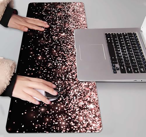 Image of IMAYONDIA Gaming Mouse Pad, Large Non-Slip Rubber Base Mousepad with Stitched Edges, Keyboard Mouse Mat Desk Pad for Work, Game, Office, 31.5x11.8 Inch - Rose Gold Black Glitter Luxury