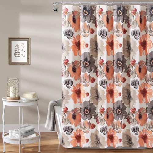 Image of Lush Decor Leah Floral Shower Curtain, 72 inch W x 72 inch L, Coral & Gray - Fabric Shower Curtains - Watercolor Botanical Bathroom Curtain - Farmhouse & French Country Decor