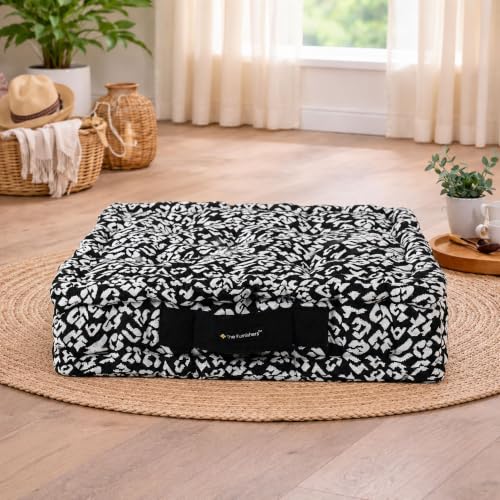 Image of Woven Quilted Floor Cushion 50x50x10cm Black and White Animal with Cotton Filler Large Size for Seating, Patio Seat, Meditation, Yoga, Pooja, Guests, Living Room, Bedroom - 20x20x4 Inch