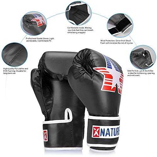 Xnature 4Oz 6Oz 8Oz Pu Kids Boxing Gloves W/Gift Box Children Cartoon Mma Kickboxing Sparring Youth Boxing Gloves Training Gloves Age 5-12 Years Black #TOP2
