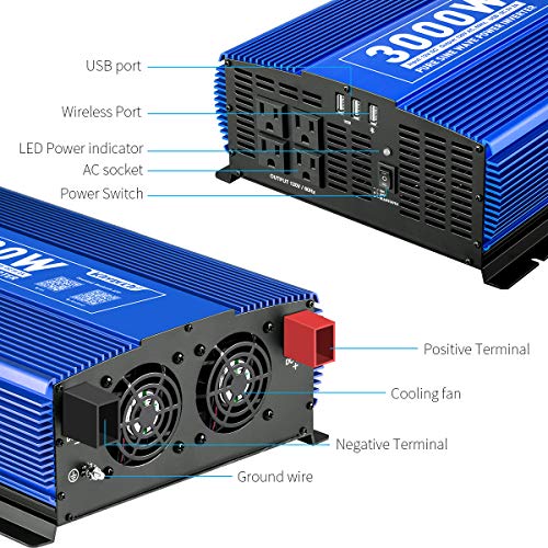 Kinverch Pure Sine Wave 3000W Power Inverter 12V Dc To 110V Ac Car Inverter With 4Ac Outlets 2Usb Ports, Remote Control For Home,Rv,Truck,Camping,Off Grid Solar System #TOP2