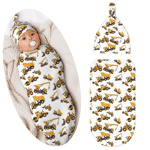 Image of Construction Machinery Excavator Truck Tractor Newborn Swaddle Blanket Baby Stuff Baby Blanket with Beanie Set Soft Sleeping Sack for Unisex Girls Boys