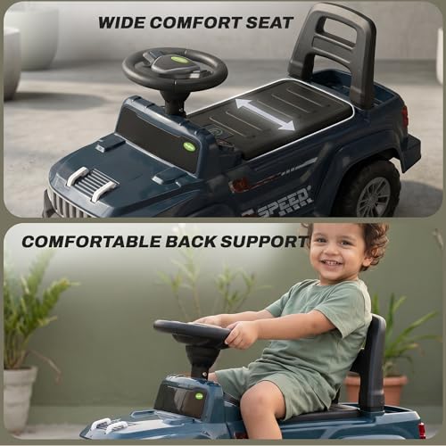Image of Baybee Speedy Baby Ride on Car for Kids | Portable Kids Car with LED Lights, Music & Storage Basket | Push Toy Cars with High Backrest | Toddler Rideons Jeep for 1 to 3 Years Boys Girls (Navy Blue)