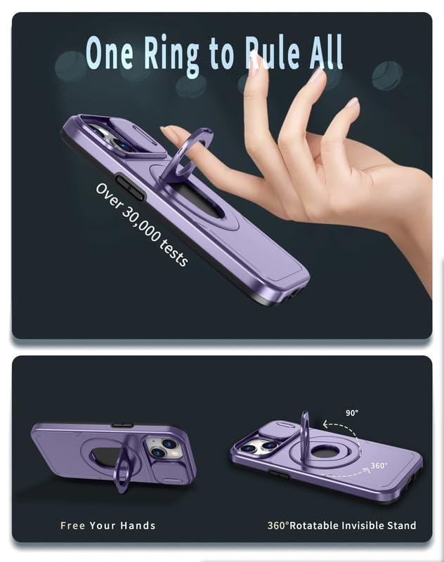Image of LuxuryKase MagSafe Shockproof Rugged Back Case for iPhone 14 Plus | Finger Ring Kickstand & Sliding Camera Cover | Military Drop Protection | Wireless Charging Support - Purple