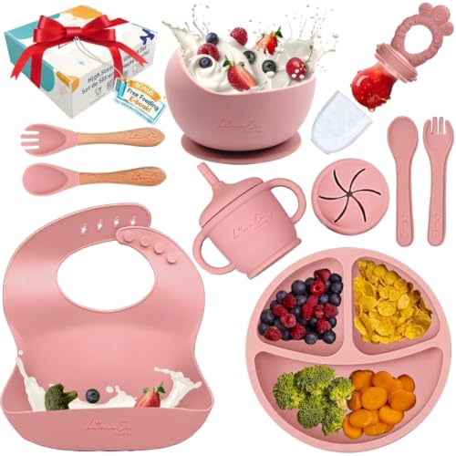 Image of Silicone Baby Feeding Set, Suction Plates Bowls Bibs for Self Feeding –Pink | Baby Led Weaning Supplies, BPA-Free, Toddler Spoons Forks, Extra-Strong Suction, Empower Independence, Easy Clean