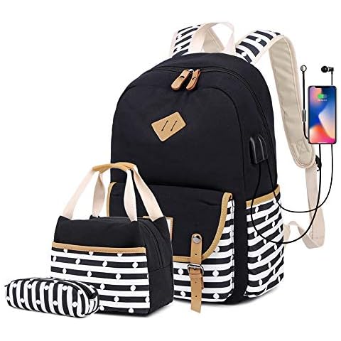 misognare Girls School Backpack Set Lightweight College Bookbag with USB Charging Port Casual Travel Daypack for Teens Boys Student (Black) Cover