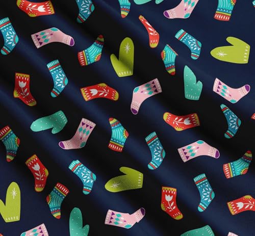 Image of Soimoi Blue Cotton Cambric Fabric Socks & Gloves Folk Art Printed Craft Fabric by the Meter 42 Inch Wide