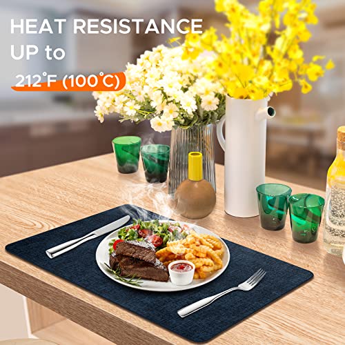 Placemats Set of 6 Washable, Heat Resistant Table Placemats Wipeable Faux Leather Place Mats Non Slip, Waterproof Square Table Mats for Indoor Outdoor, Dark Blue