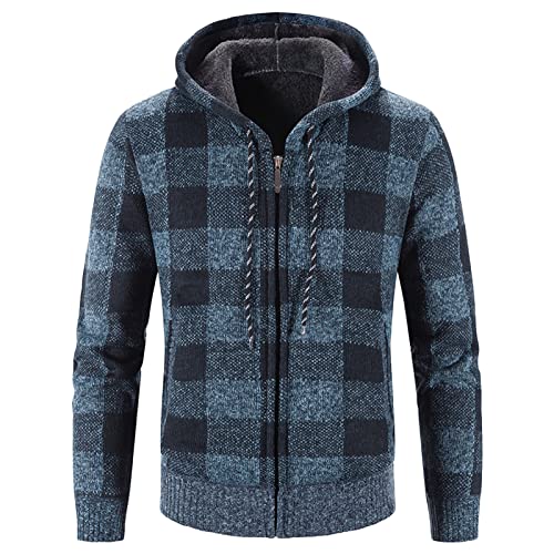 Maiyifu-GJ Men Sherpa Lined Full Zip Hooded Plaid Slim Fit Flannel Hoodies Shirt Jacket Fleece Thick Casual Cardigan Sweater (Blue,3X-Large)