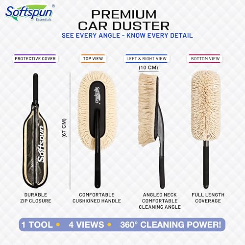 Image of SOFTSPUN Essentials Car Duster - Off White, Long-Handle Lint-Free & Scratch-Free Car Cleaner Brush with SiO2 Wax Infused Cotton Strands for Enhanced Dust Removal (Exterior Car Cleaning Tool)