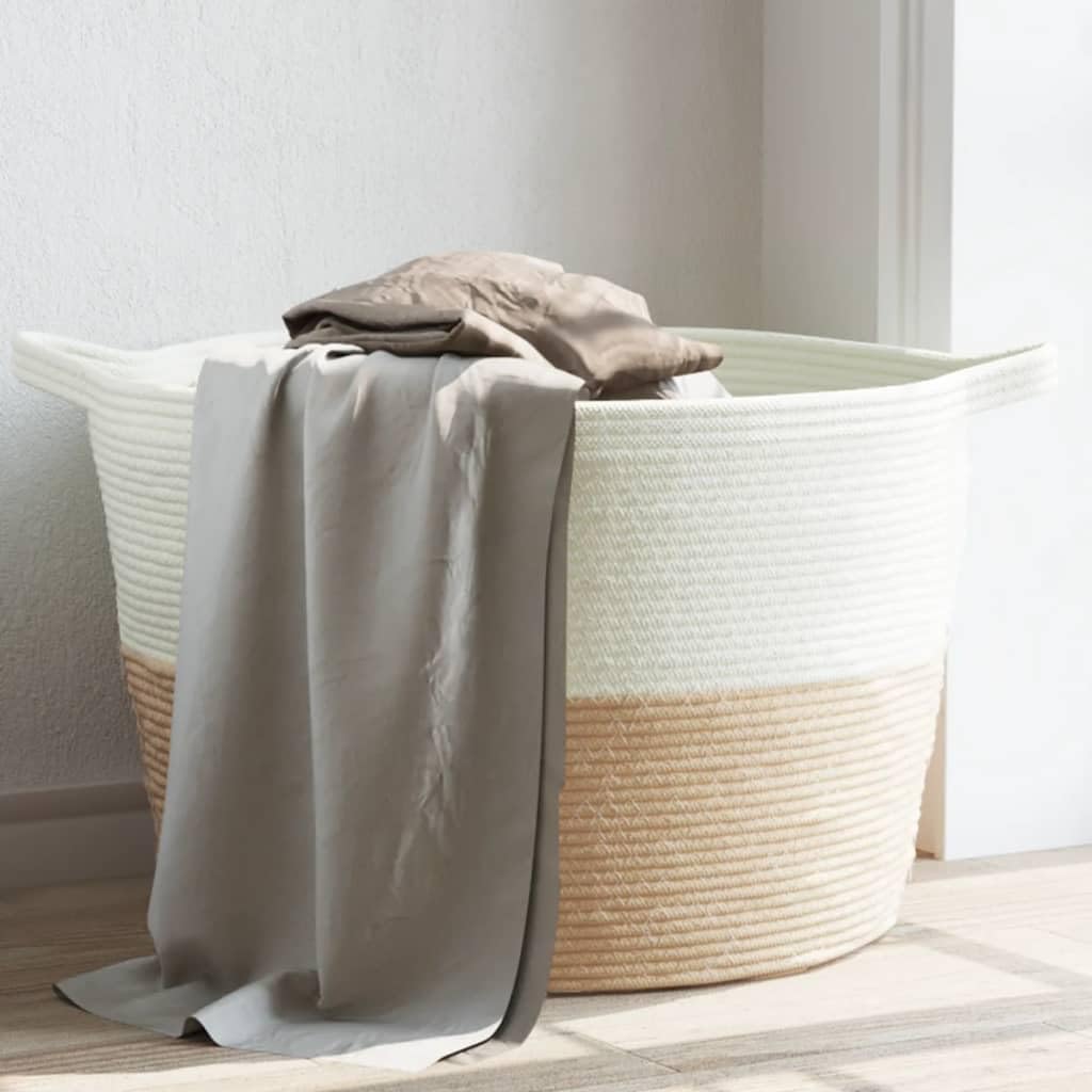 Cesto para la colada beige y blanco de algodón y poliéster, diámetro de 60 x 36 cm, con asas, plegable, ahorra espacio, para dormitorio, baño y lavandería para clasificar y guardar la ropa