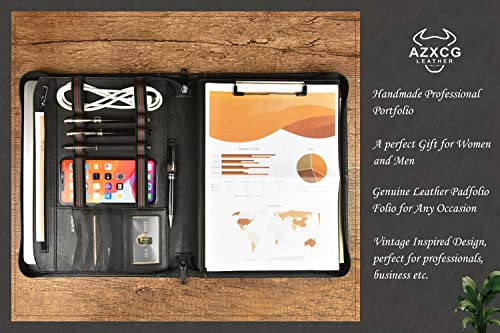 Azxcg Genuine Leather Padfolio For Men, Professional Zippered Portfolio With Clipboard Notepad, Leather Organizer For Husband/Boyfriend, Business Portfolio For Surface Pro 3/4/5/6, Black #TOP5