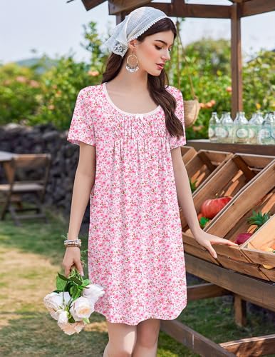 Image of Ekouaer Nightgowns for Women Pleated Sleep Shirts Short Sleeve Night Shirts Lace Trim Night Gown Ladies Sleep Dress