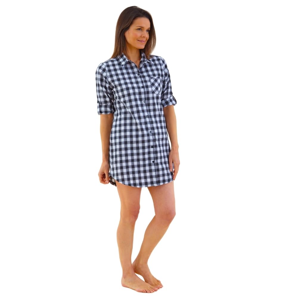Love to Sleep Button Through Check Nightshirt - Black Cotton - Womens Size 14