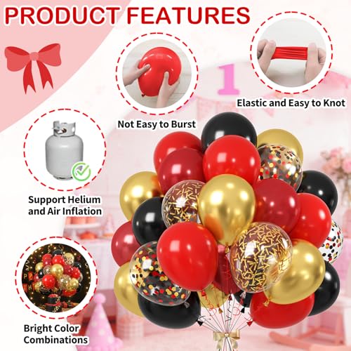 Image of Red Black Gold Balloons, 60PCS Dark Red Black Party Balloons, 12 Inch Metallic Gold Confetti Latex Balloon Helium for Graduation New Year Casino Theme Movies Night Festival Birthday Party Decorations
