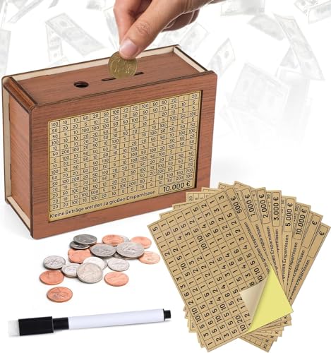Kkluno Hucha de madera, caja de ahorro con números y garrapatas, caja de dinero reutilizable para niños y adultos, hucha para diferentes objetivos de ahorro
