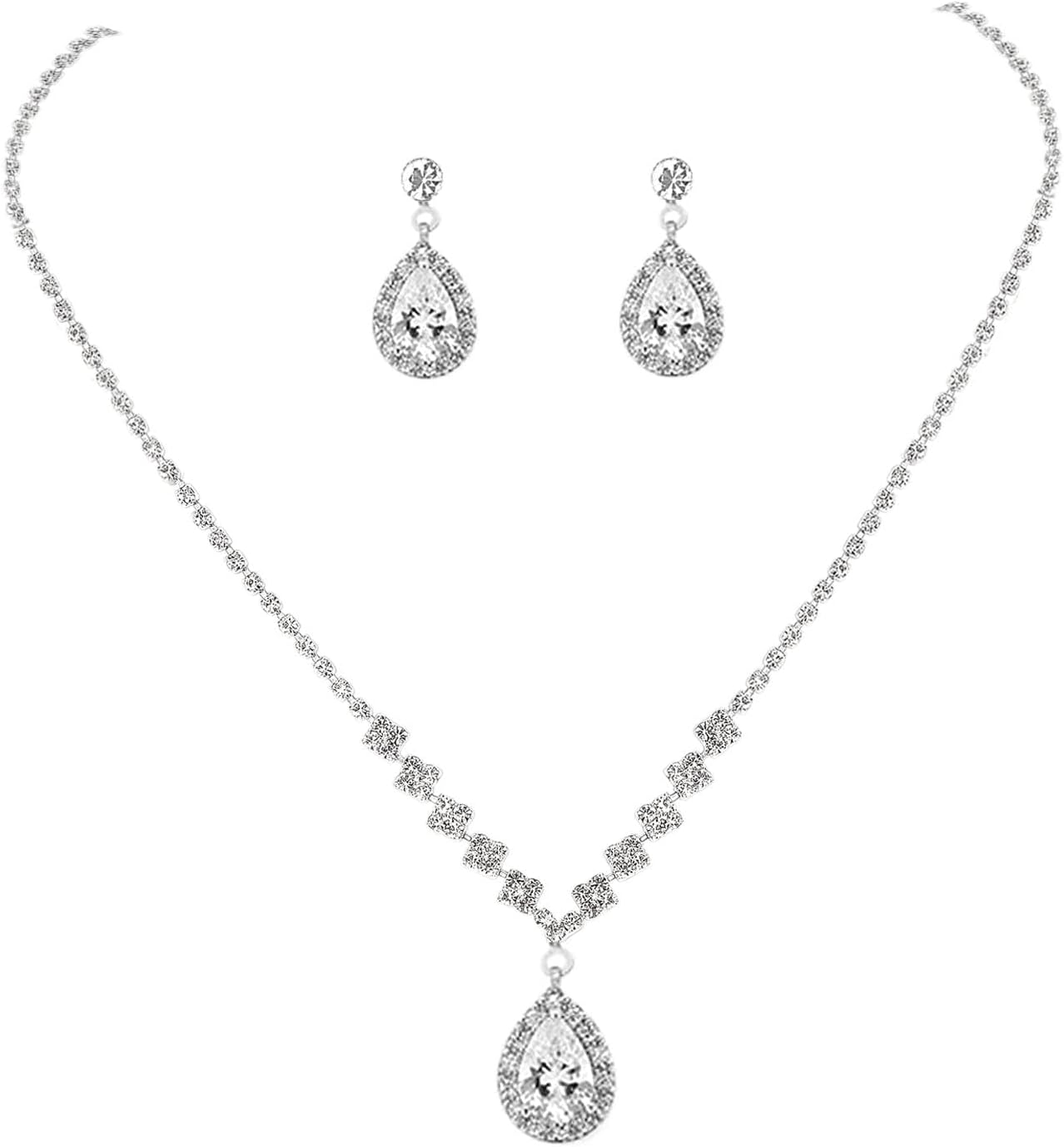 COCIDE Bride Jewelry Set Silver Crystal Wedding Necklace Earrings Bridal Rhinestone Teardrop Pendant Accessories for Women and Bridesmaids (3 piece set - 2 earrings and 1 necklace)