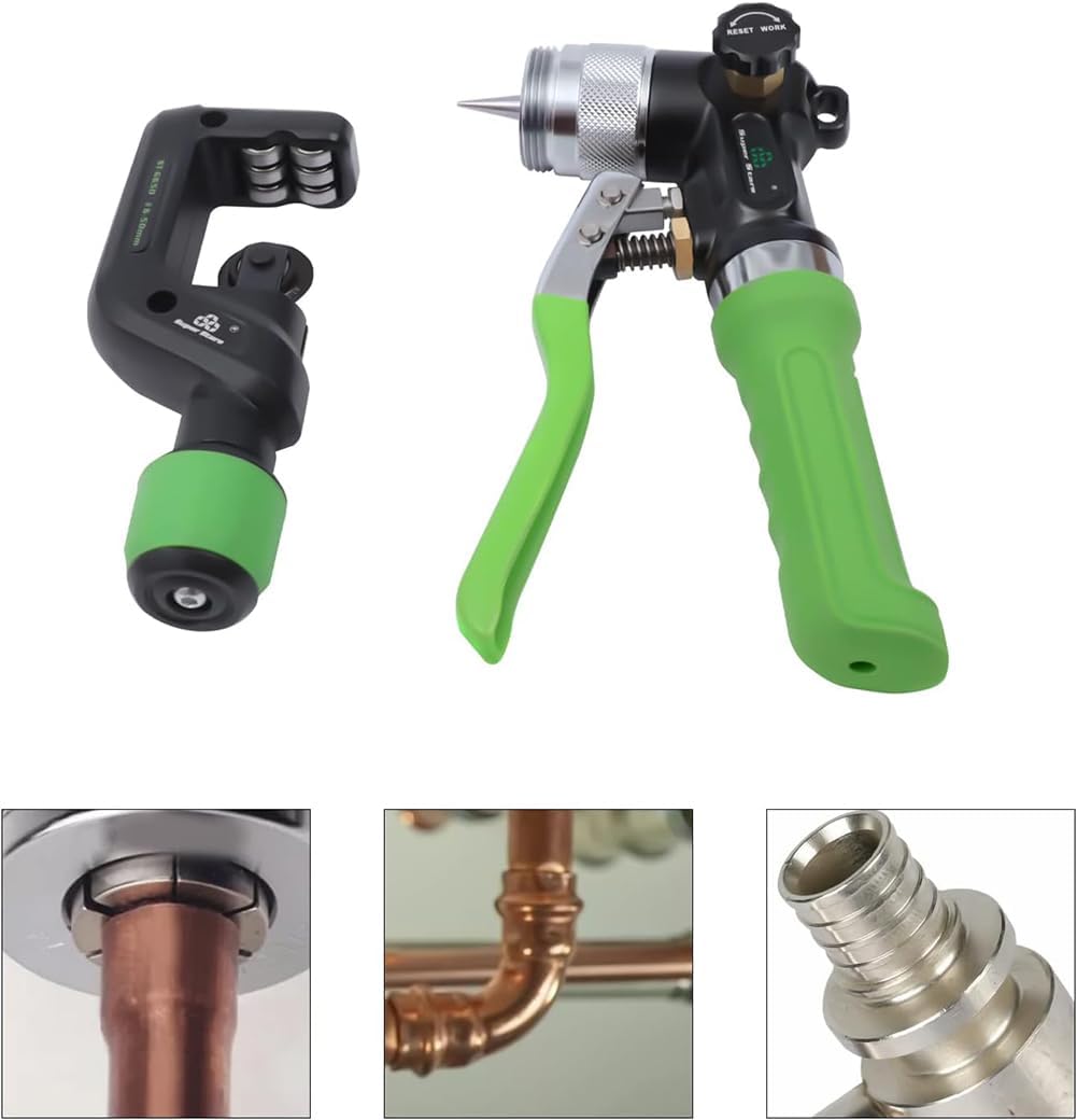 ST-300A Hydraulic Copper Tube Expander Tool, Hydraulic Expander Deburring Tool with Tube Cutter & 7 Expander Heads for 3/8 to 1-1/8 Inches Copper Pipes, Green