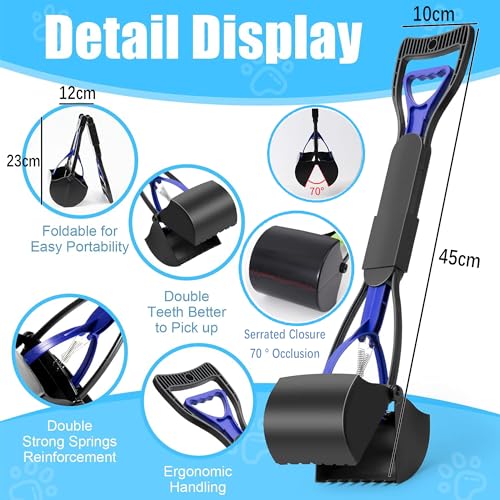 XFLYP Hundekotschaufel, 45cm Faltbarer Haustier Hund Hundekotgreifer Tragbare mit langem Griff, Haustier Schmutz Picker Pick Up für Rasen im Freien Gras und Kies für Hunde und Katzen(Blau)