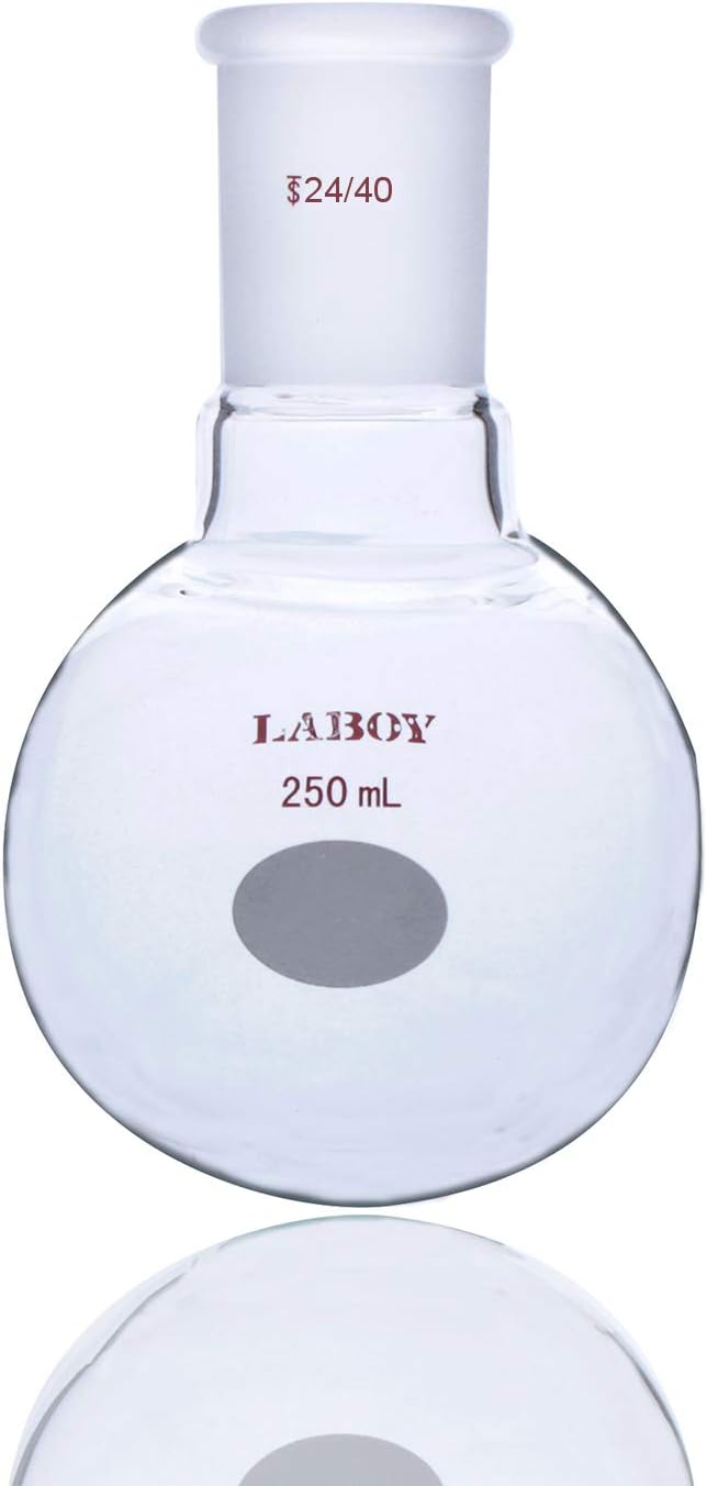 Laboy Glass 250mL Round Bottom Boiling Flask, Single Neck Heavy Wall Borosilicate with 24/40 Joint – Heating, Reaction & Receiving Flask for Organic Chemistry Lab Use