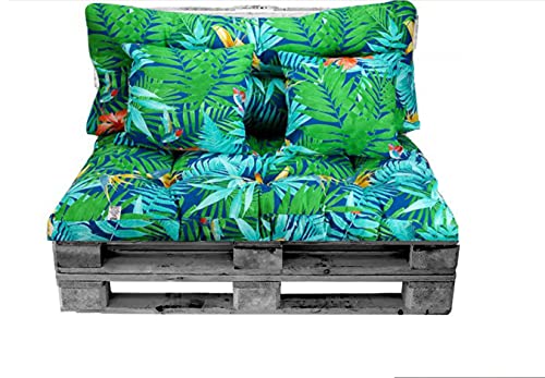 Pack de Cojines PALET (asiento + respaldo + 2 cojines decorativos) para europalets. Conjunto de Cojín para Palets. Ideal para terrazas, jardines y salones, Relleno de calidad (Ramas Verdes y Flores)