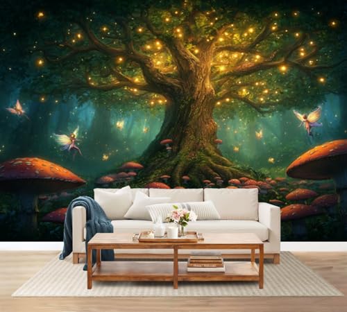100'x144' Enchanted Forest Wall Mural Peel and Stick Wallpaper Magical Forest Glowing Tree Fairies Wall Decor Self Adhesive Removable Wall Stickers for Bedroom Living Room