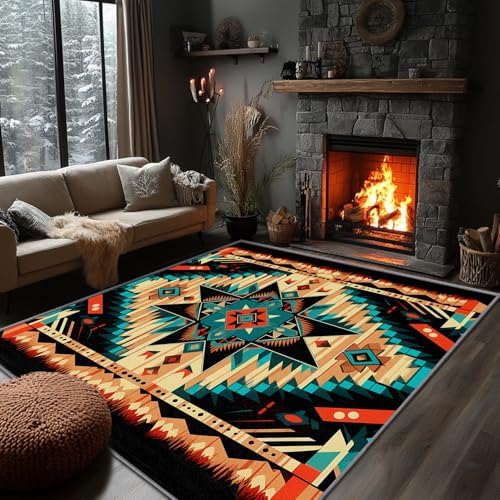 Yoozitrees Aztec Rug Teal - 5x7 Southwest Native American Tribal Area Rug, Colorful Geometric Southwestern Carpet, Washable, Non Slip, Soft Large Rug for Home Decor