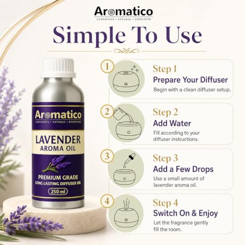Image of AROMATICO Lavender Diffuser Oil with Strong, Long-Lasting Aroma. Premium Aroma Oil for Homes, AROMATICO Lavender Diffuser Oil with Natural Aroma for Humidifiers, Homes, Offices & Showrooms, Candle and Soap Making | Fragrance for Aromatherapy | Essential Oil for Diffuser and Aromatherapy - 250 ml