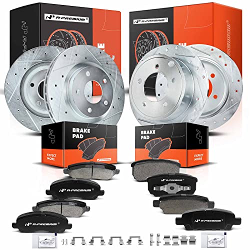 A-Premium Front and Rear Drilled and Slotted Disc Brake Rotors + Ceramic Pads Kit Compatible with Select Chrysler, Dodge and Jeep Models - 200, Sebring, Caliber, Compass, Patriot, 12-PC Set