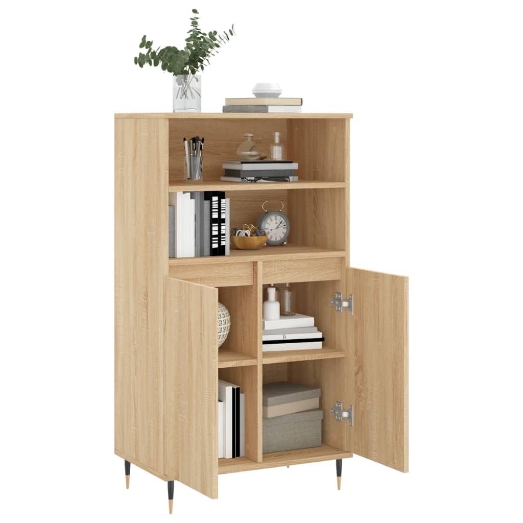 Highboard dąb Sonoma 60 x 36 x 110 cm, materiał drewnopochodny z metalowymi nóżkami, kredens do salonu, komoda z szufladami, szafa, schowek, szafa na ubrania, alternatywna, komody i kredensy