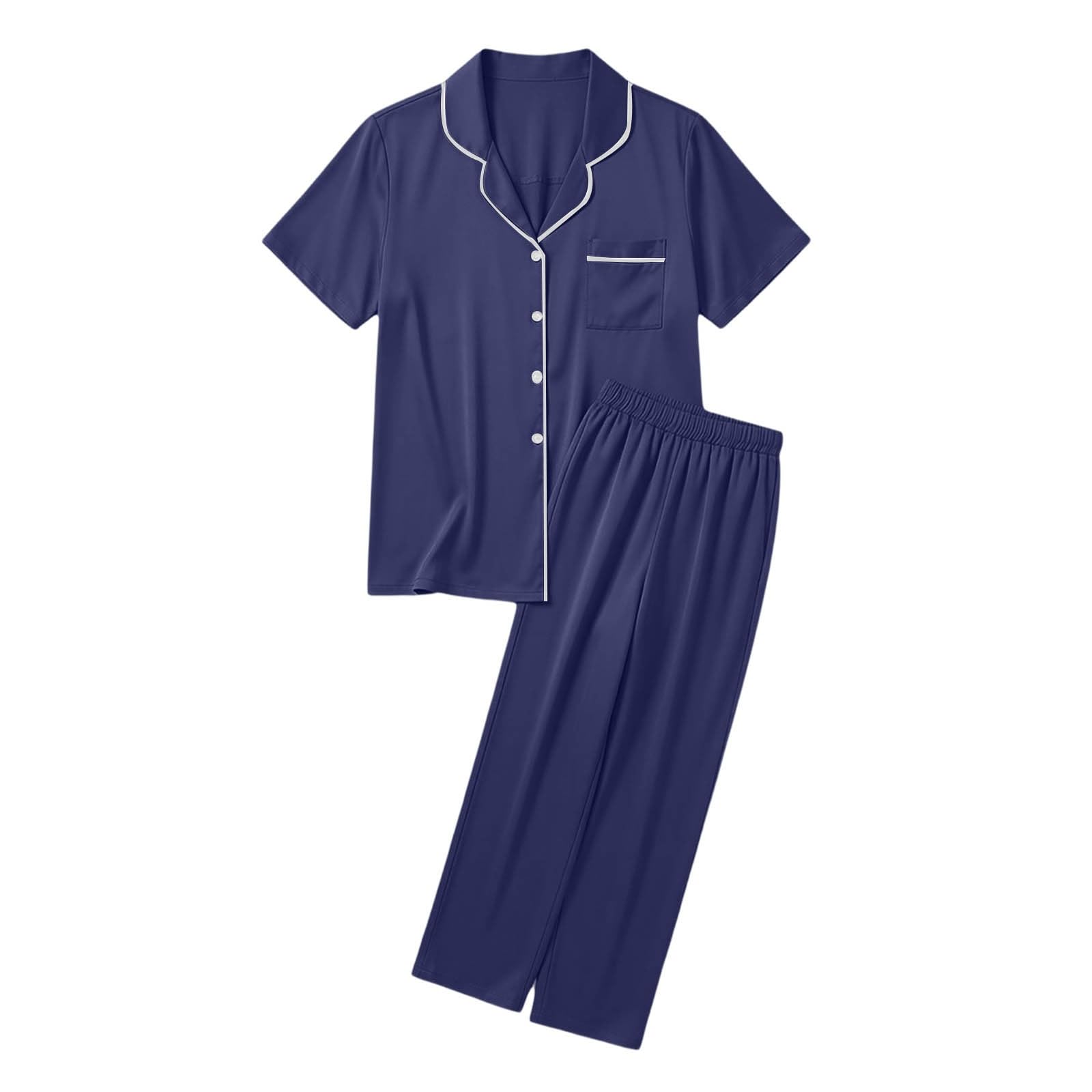 Pyjama Deux pièces à Manches Courtes et Boutons, Doux et Confortable, avec Pantalon Long. Ensemble de Nuit Douillet.