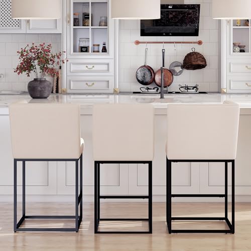 Image of HNY Modern Counter Height Bar Stools Set of 3, Linen Upholstered Contemporary Barstools with Back, 27 Inch Bar Chairs with Black Metal Frame for Kitchen Island, Cream