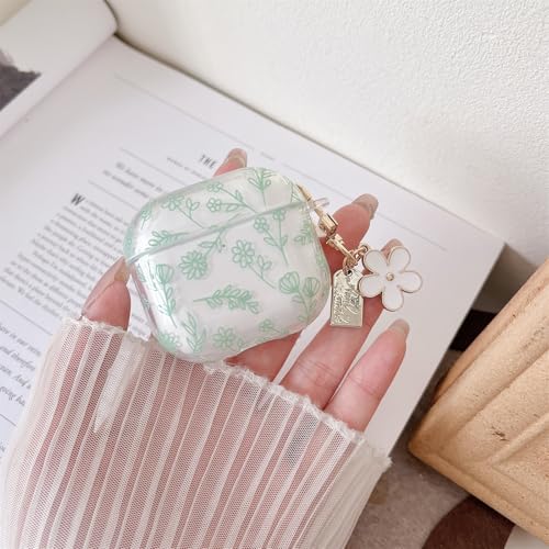 Image of MINSCOSE Compatible with AirPods 4 Clear Case,Cute Flower Floral Aesthetic Design with Flowers Keychain, Soft TPU Protective Shockproof Case for Women Girl for Airpods 4-Green