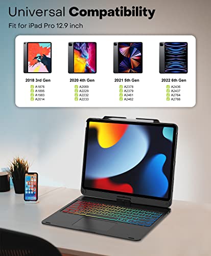 SENGBIRCH iPad 12.9 Pro Case with Keyboard, Keyboard Case for iPad Pro 12.9 inch 6th, 5th, 4th, 3rd Generation(2022~2018), 7 Colors Backlit - Image 3