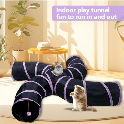 Image of EGETOTA Cat Tunnel for Indoor Cats Large, with Play Ball S-Shape 4 Way Collapsible Interactive Peek Hole Pet Tube Toys, Puppy, Kitty, Kitten, Rabbit (S4 - Black & Pink)