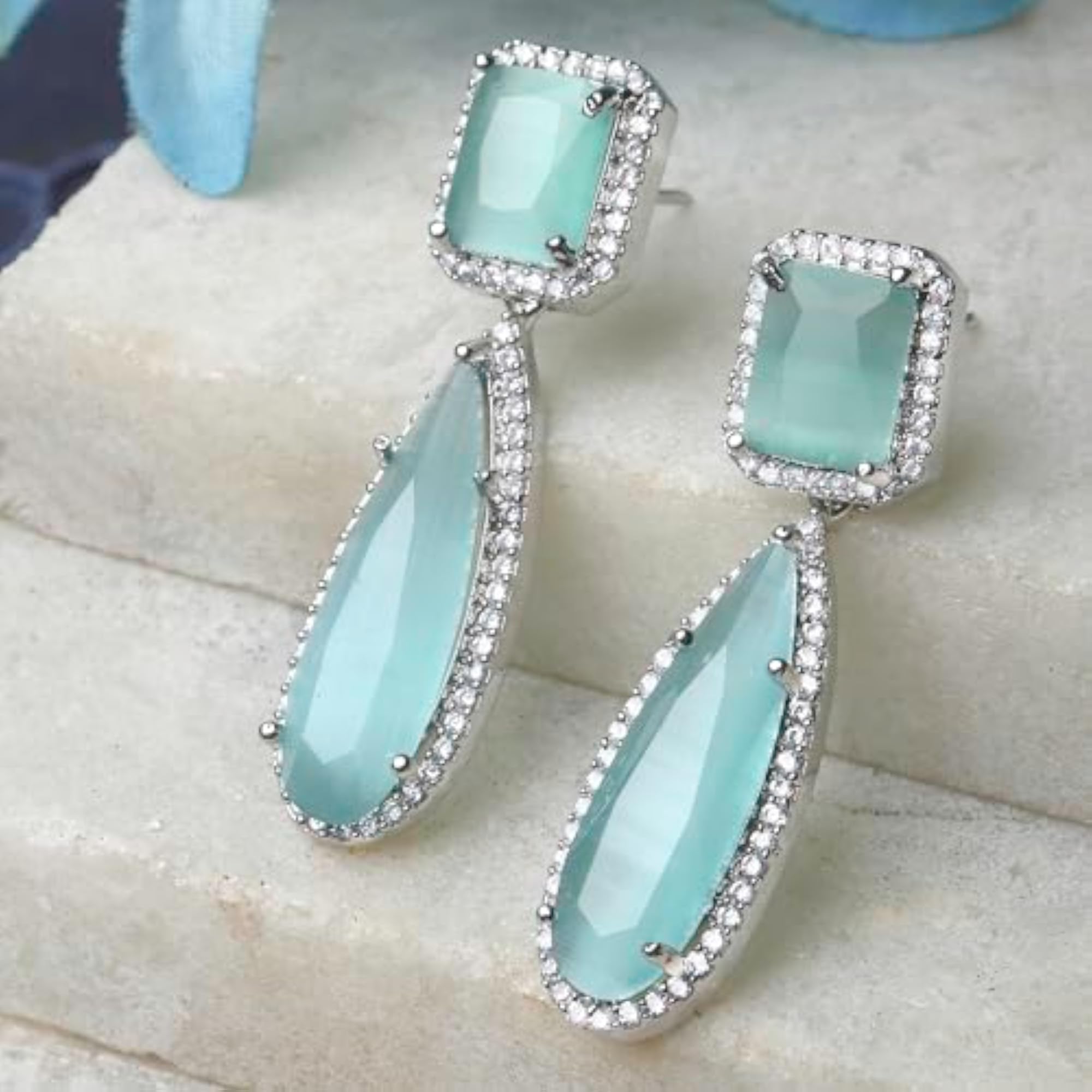 Rhodium-Plated Teardrop Drop Earrings with American Diamond Studs