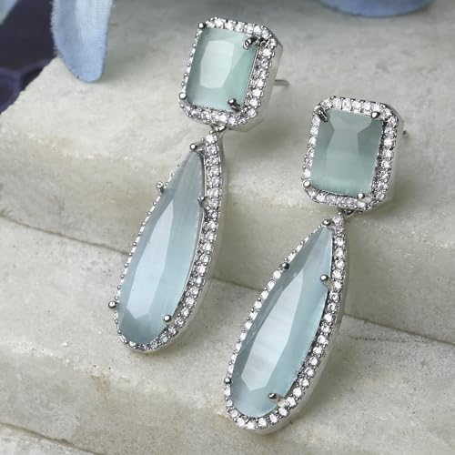 Rhodium-Plated Teardrop Drop Earrings with American Diamond Studs