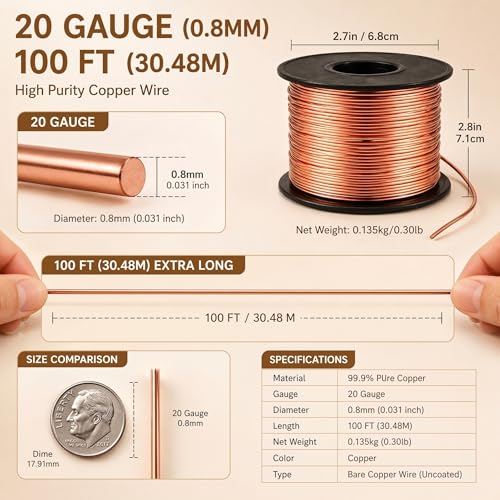 Image of Therwen 100ft 20 Gauge Copper Wire for Gardening, Electroculture, Bonsai, Jewelry Making Beading DIY Craft Pure Bare Copper Wire Spool