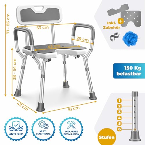 KESSER® Taburete de ducha con respaldo, Asiento Bañera Ortopedia para Personas Mayores y Embarazadas, Taburete de Baño soporta 150 kg, 6 Niveles, Altura Regulable 38-54 cm, Pies Antideslizantes - imagen 7