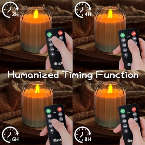 Image of LEDHOLYT Rechargeable Flameless Candle, Flashing LED Pillar Real Wax Candle with Remote Control and Timer, Green Pumpkin Glass Electronic Candles for Room Decoration, 1 Set of 3