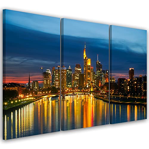 Feeby 3 pièces Tableau déco mural 60x40 cm Le pont de Brooklyn New York Mahnattan Image décoration Murale Design Chambre d'enfant Ville Nuit Fleuve Ciel bleu