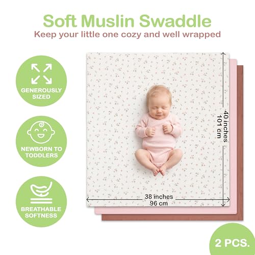 Image of Organic Muslin Baby Blanket 3 Pack Clay, Blush & Ivory Floral 38x40 Inch 100% Organic Cotton Oeko-TEX Certified Ultra Soft Swaddle Blanket for Newborn Boys & Girls Boho Nursery